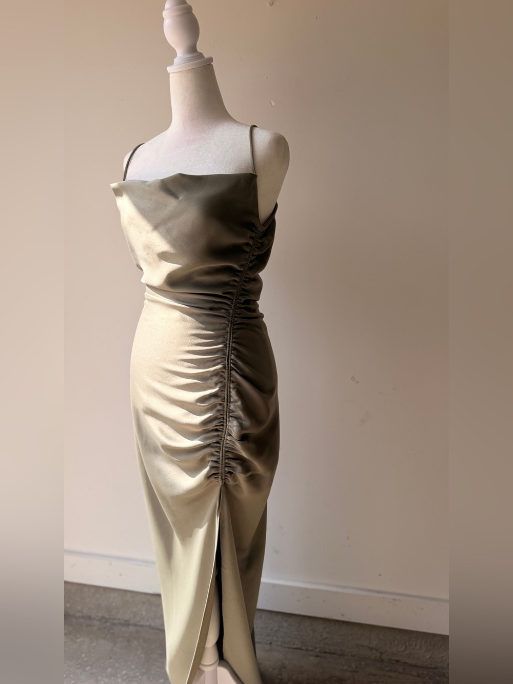 BHLDN Olive Satin Ruched Midi Dress